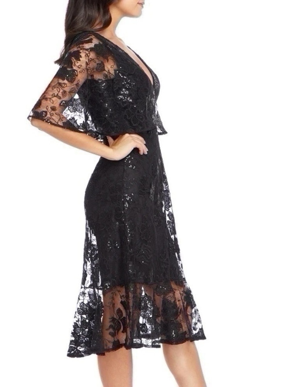 NEW Dress The Population Women’s Roseanna Dress Black Midi Flutter Sleeve XS - Picture 2 of 13